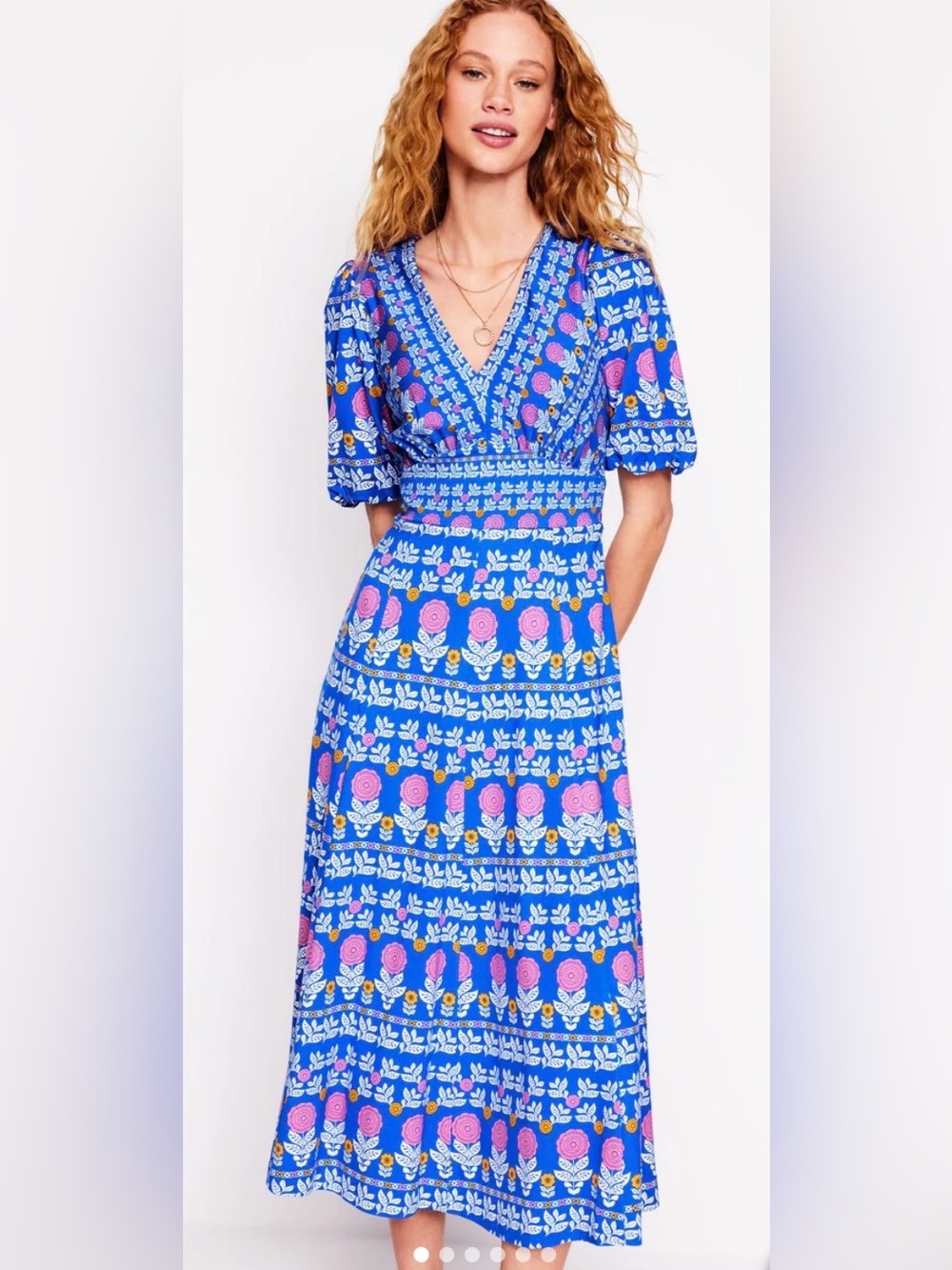 Boden Ponte Puff Sleeve Tea Dress - Gallery Blue, Pink Dahlia Garden
